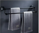 Matte black aluminum bathroom hardware set with towel rack and brush holder