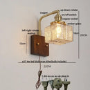 Amber glass and walnut wood wall sconce with pull chain living room