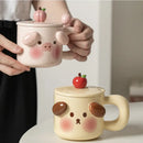 DecorBites™ Animal Ceramic Mug Set: Pig Dog Design, Lid, Spoon, Saucer - Breakfast Coffee Cup