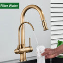 Antique brass kitchen faucet with pull down spray and purification