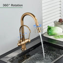 Antique brass kitchen faucet with pull down spray and purification