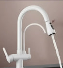Antique brass kitchen faucet with pull down spray and purification