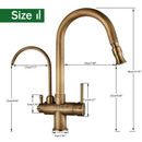 Antique brass kitchen faucet with pull down spray and purification