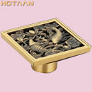 Antique brass flower art square floor drain black & gold bathroom