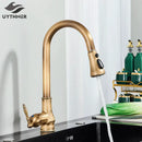 DecorBites™ Antique Brass Kitchen Faucet Pull Out Single Handle Mixer Tap 360 Rotation
