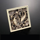 DecorBites™ Antique Brass Square Fish Carved Bathroom Floor Drain Hair Strainer