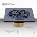 DecorBites™ Antique Brass Square Fish Carved Bathroom Floor Drain Hair Strainer