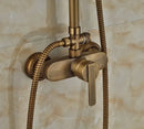 Antique brass wall mount shower faucet with rain head – bathroom