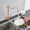 Antique brass water filtration kitchen faucet with ornate design
