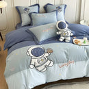 Astronaut cartoon embroidery light blue cotton bedding set bedroom