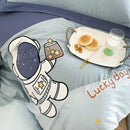 Astronaut cartoon embroidery light blue cotton bedding set bedroom