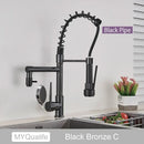 Decorbites black brass kitchen faucet with dual spout and pull down spray