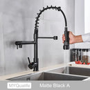 Decorbites black brass kitchen faucet with dual spout and pull down spray