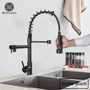 Decorbites black brass kitchen faucet with dual spout and pull down spray