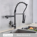 Decorbites black brass kitchen faucet with dual spout and pull down spray