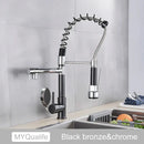 Decorbites black brass kitchen faucet with dual spout and pull down spray