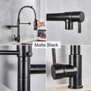 Decorbites black brass kitchen faucet with dual spout and pull down spray
