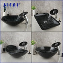 Modern black etched glass bathroom sink set with waterfall faucet