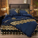 Luxury navy & gold lace duvet bedroom set with quilted embroidery
