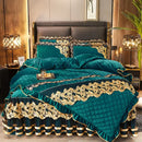 DecorBites™ Black Gold Luxury Crystal Velvet Bedding Set with Quilted Embroidery & Ruffles