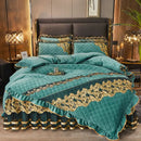 DecorBites™ Black Gold Luxury Crystal Velvet Bedding Set with Quilted Embroidery & Ruffles