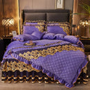 DecorBites™ Black Gold Luxury Crystal Velvet Bedding Set with Quilted Embroidery & Ruffles