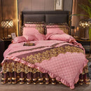 DecorBites™ Black Gold Luxury Crystal Velvet Bedding Set with Quilted Embroidery & Ruffles