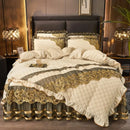 DecorBites™ Black Gold Luxury Crystal Velvet Bedding Set with Quilted Embroidery & Ruffles
