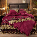 DecorBites™ Black Gold Luxury Crystal Velvet Bedding Set with Quilted Embroidery & Ruffles