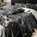 Luxury black & grey marble satin duvet cover set bedroom cooling bedding