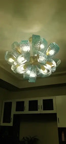 Modern blue glass led pendant lamps dining room gold petal chandelier