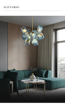 Modern blue glass led pendant lamps dining room gold petal chandelier