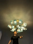 Modern blue glass led pendant lamps dining room gold petal chandelier