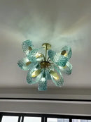 Modern blue glass led pendant lamps dining room gold petal chandelier