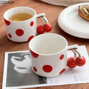 Red polka dot porcelain coffee mug with cherry handle kitchen decor