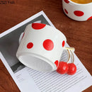 Red polka dot porcelain coffee mug with cherry handle kitchen decor