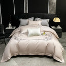 Chic flowers embroidery beige satin bedding set bedroom luxury cotton