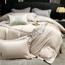 Chic flowers embroidery beige satin bedding set bedroom luxury cotton