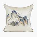 Chinoiserie landscape embroidered cream & blue lumbar pillow cover bedroom