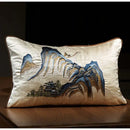 Chinoiserie landscape embroidered cream & blue lumbar pillow cover bedroom