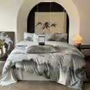 Chinese ink wash silk printing bedding set – grey & blue bedroom duvet