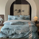 Chinese ink wash silk printing bedding set – grey & blue bedroom duvet