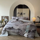 Chinese ink wash silk printing bedding set – grey & blue bedroom duvet