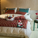Cartoon reindeer red & white embroidered cotton bedding set bedroom