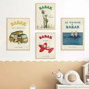 Vintage elephant babar family car poster kids room wall art