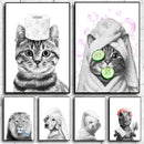 Funny boxer dog in towel bathroom wall art canvas print