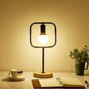 DecorBites™ Geometric Frame Metal Table Lamp with Round Wooden Base - Stylish Industrial Bedside Night Light