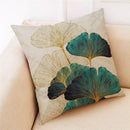 Teal and gold ginkgo leaves linen cushion cover living room