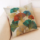 Teal and gold ginkgo leaves linen cushion cover living room