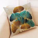 Teal and gold ginkgo leaves linen cushion cover living room